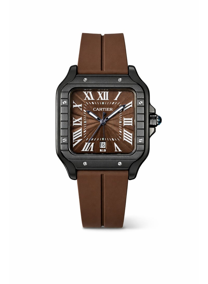 كارتييه ساعة كارتييه سانتوس مربعة بميناء بني وسوار مطاطي بني - Image 1